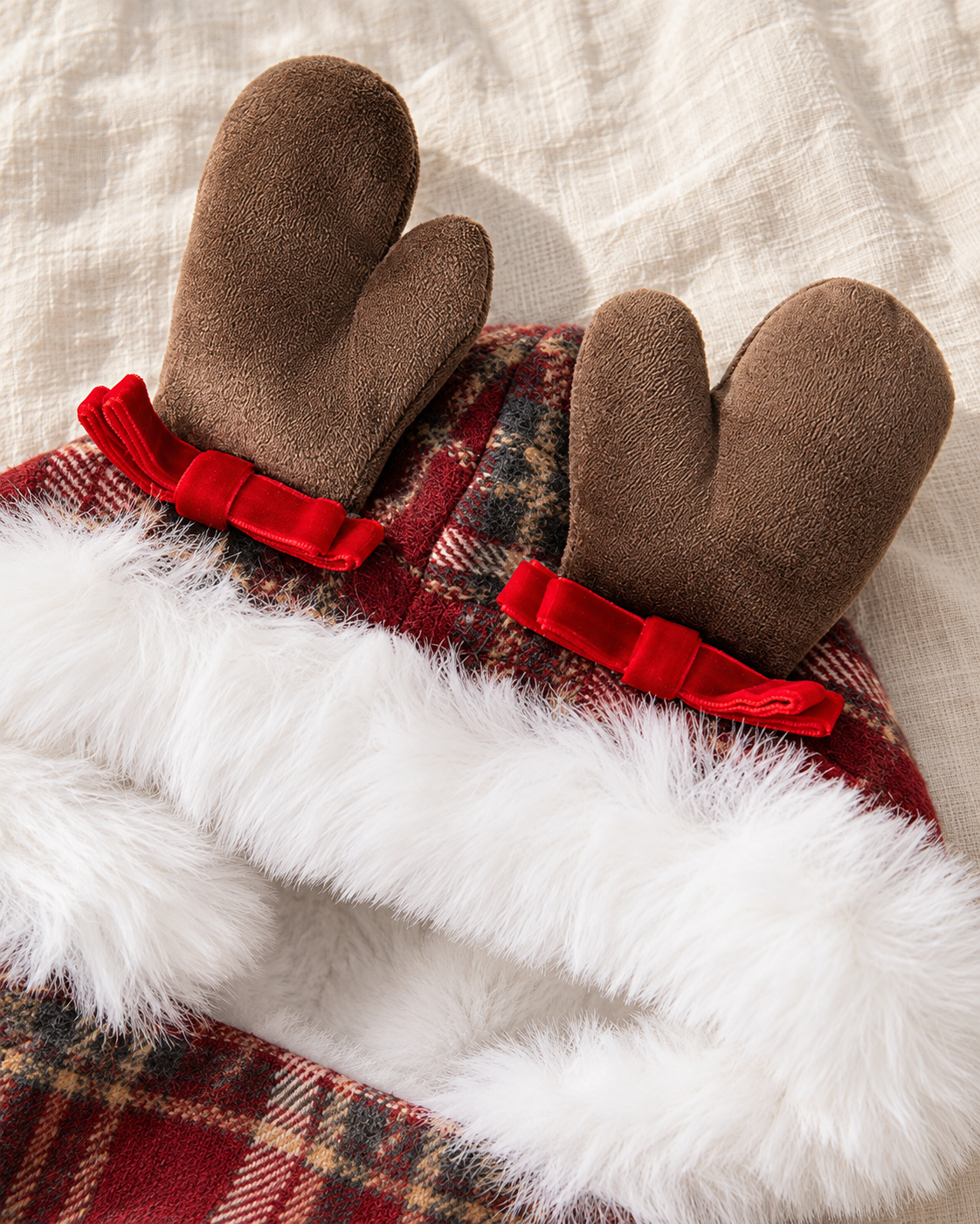 A close-up of a holiday-themed plush accessory with two brown reindeer antlers, red velvet bows, and white faux fur trim over a red plaid fabric, laid on a textured off-white fabric background.
