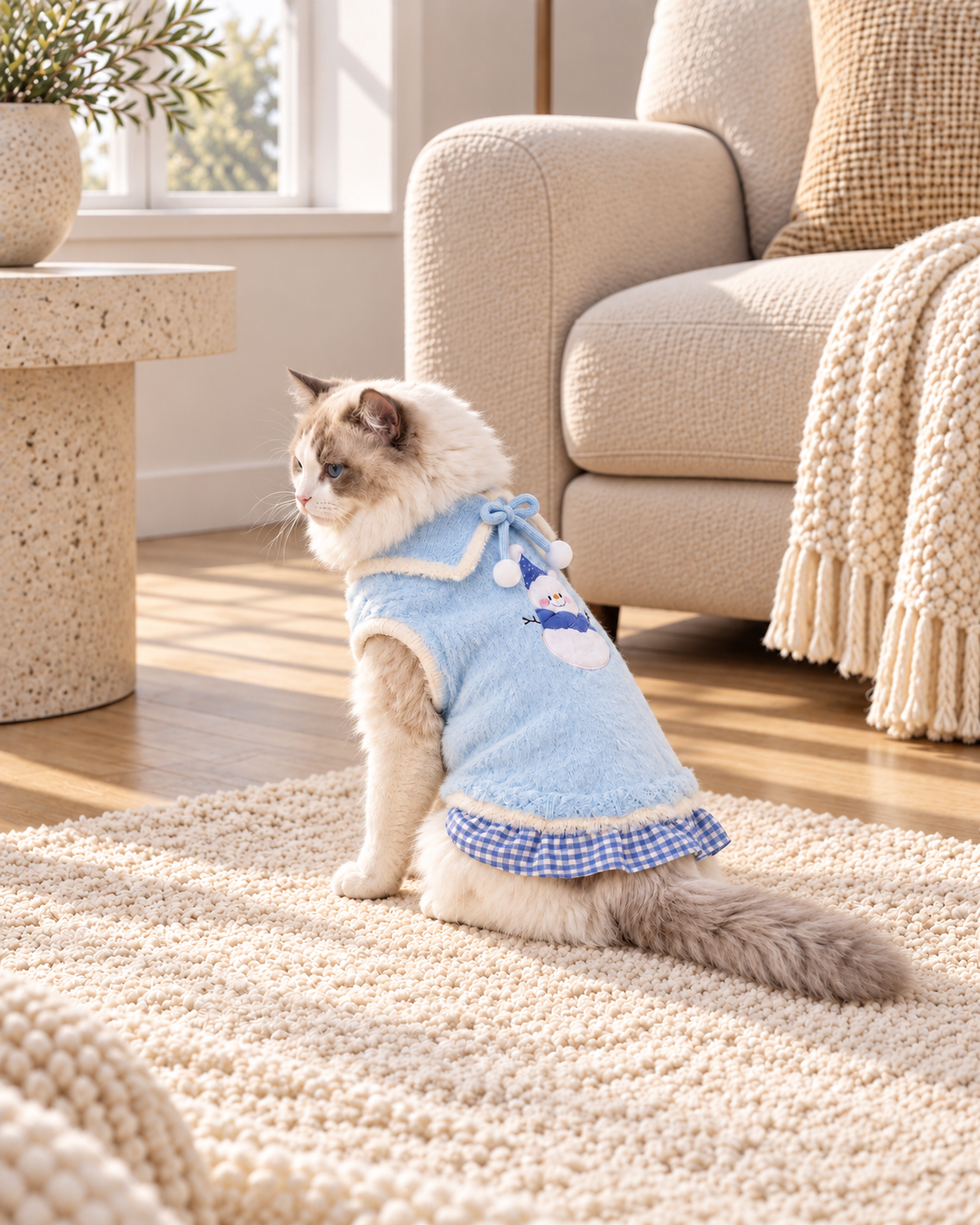 A fluffy cat wearing a light blue pet sweater with a snowman design and blue-and-white gingham trim, sitting on a cream rug in a bright living room.