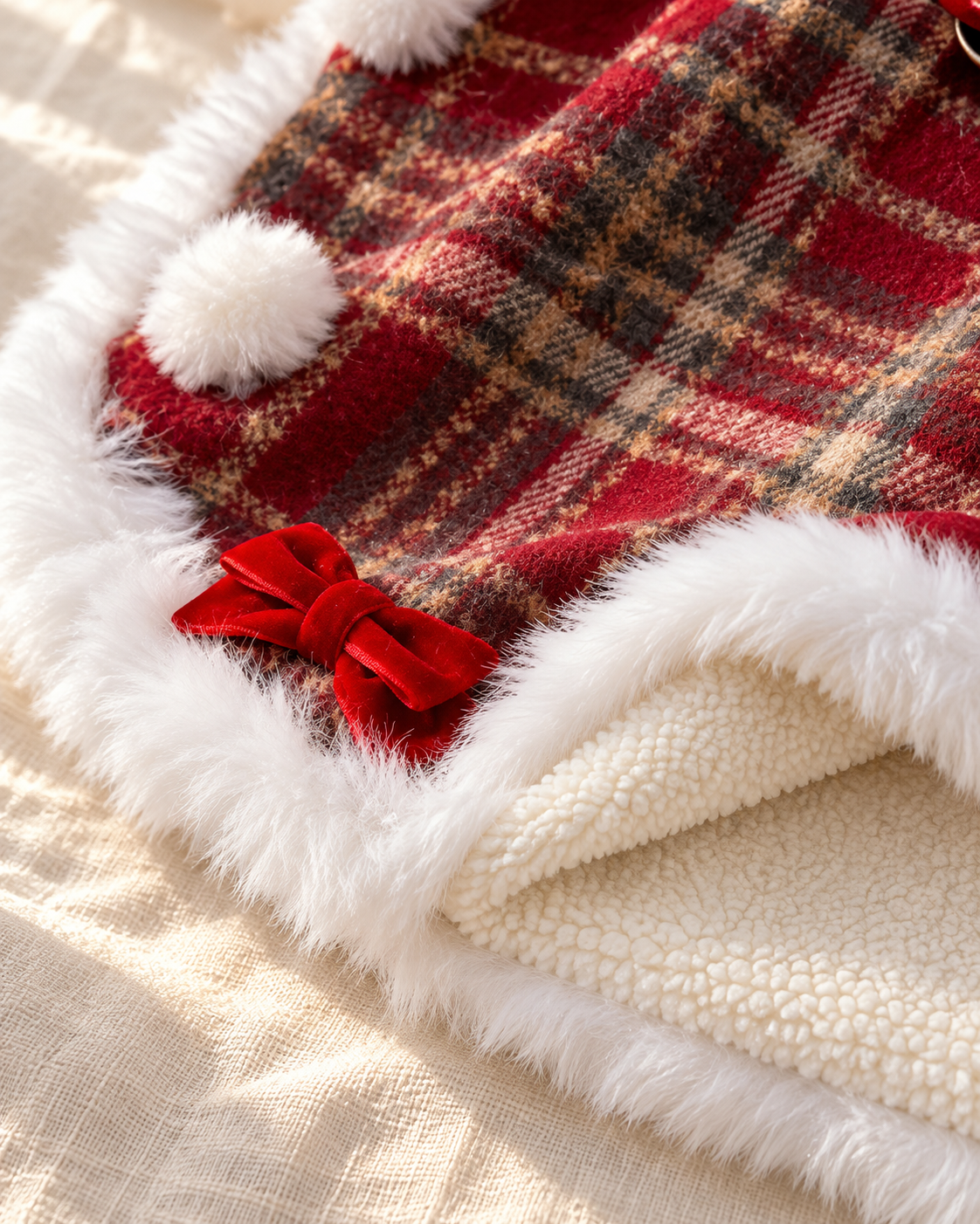 A close-up of a red and beige plaid fabric item with white faux-fur trim, white pom-poms, and a small red bow, laid on a light textured surface.