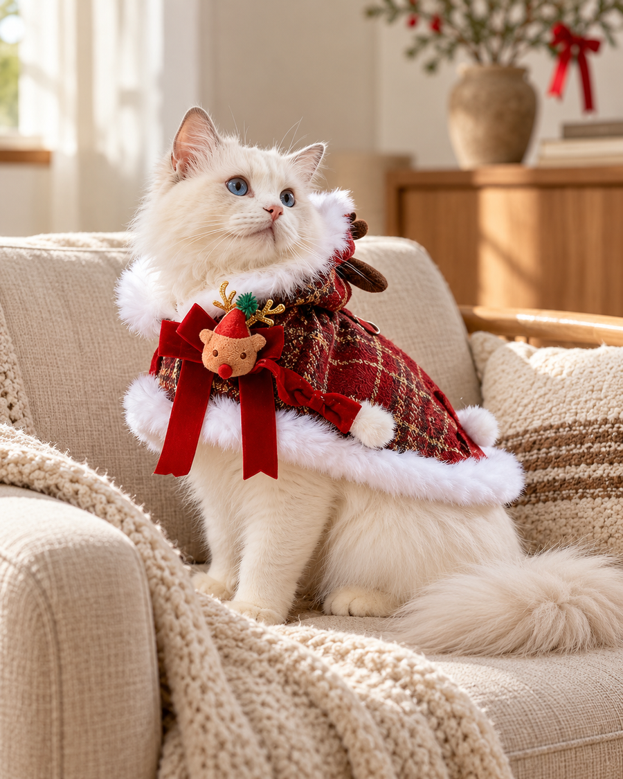 A fluffy white cat wearing a red plaid Christmas-themed pet coat with white faux fur trim, a red ribbon bow, and a small plush ornament, sitting on a beige armchair in a warm indoor setting.