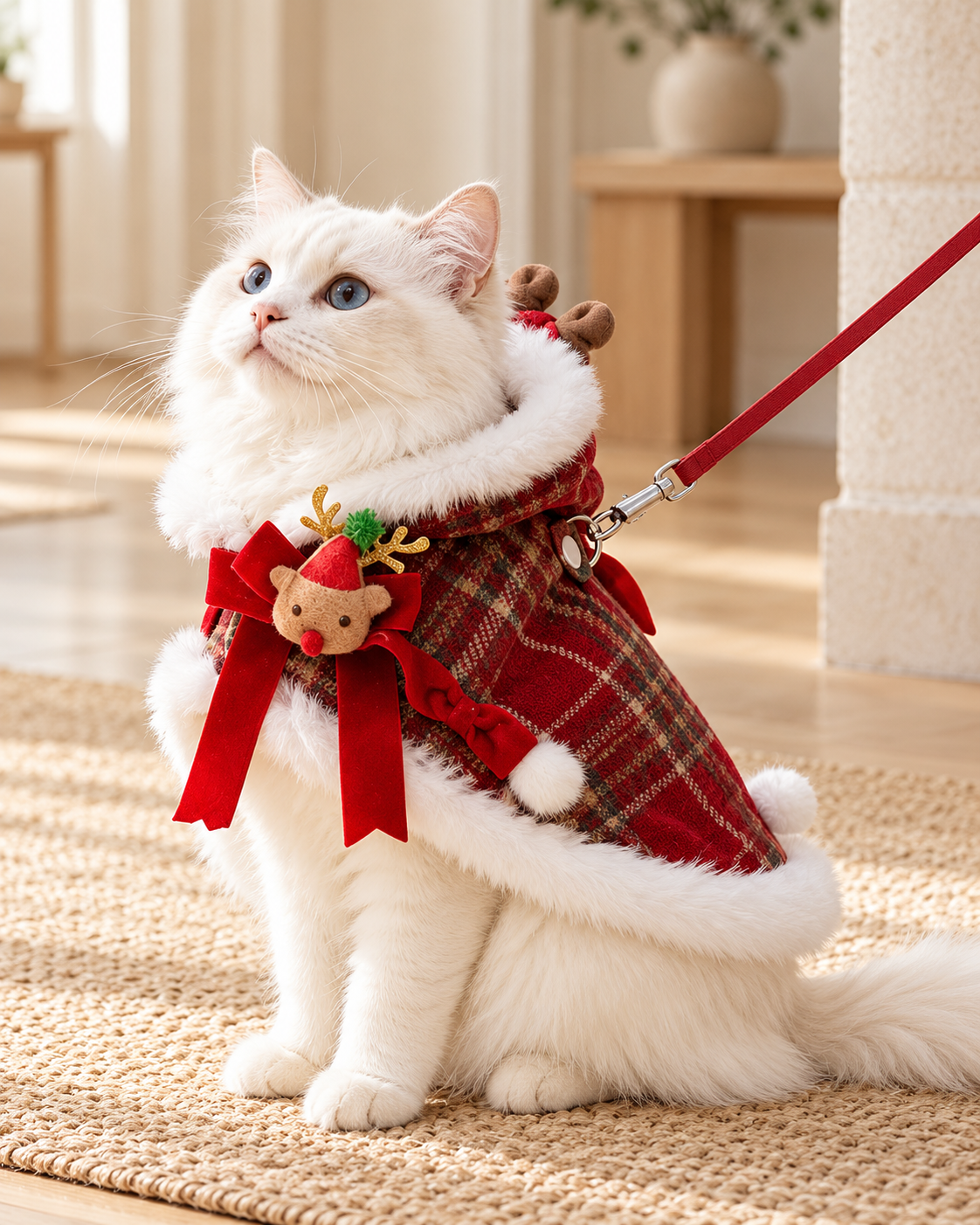 A fluffy white cat wearing a red holiday-themed harness with faux fur trim, a red ribbon bow, reindeer antlers, and a small plush ornament, sitting on a woven rug in a warm indoor setting.
