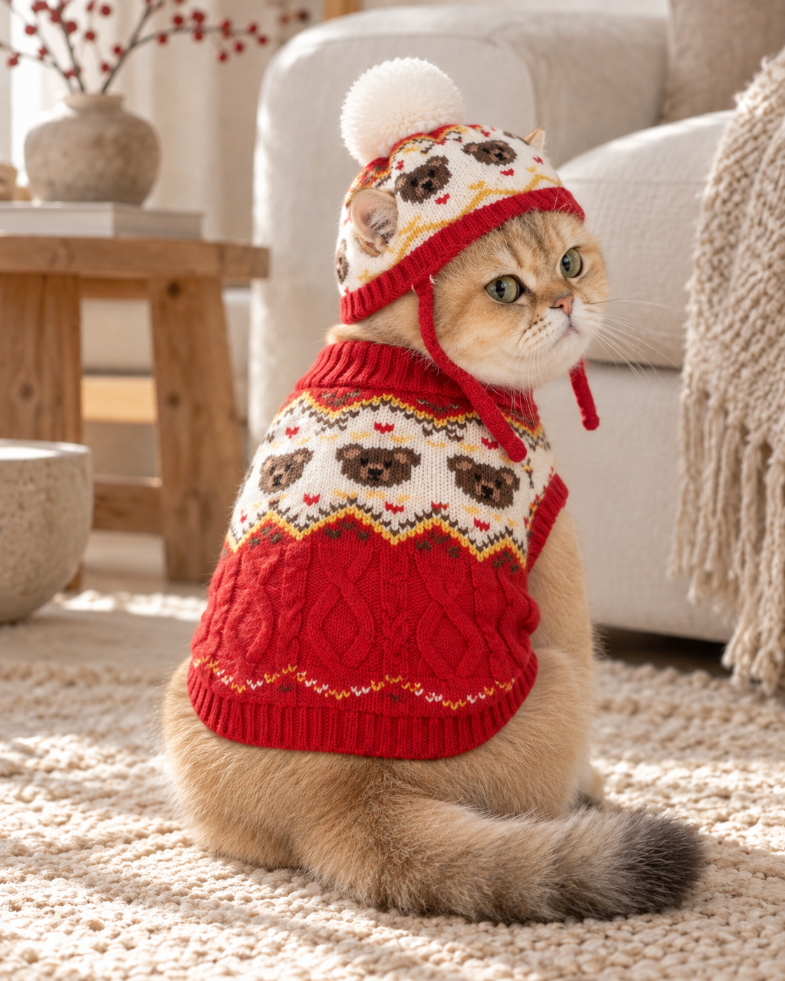 Back view of a golden cat wearing the red and cream Fair Isle sweater and matching pom-pom hat.