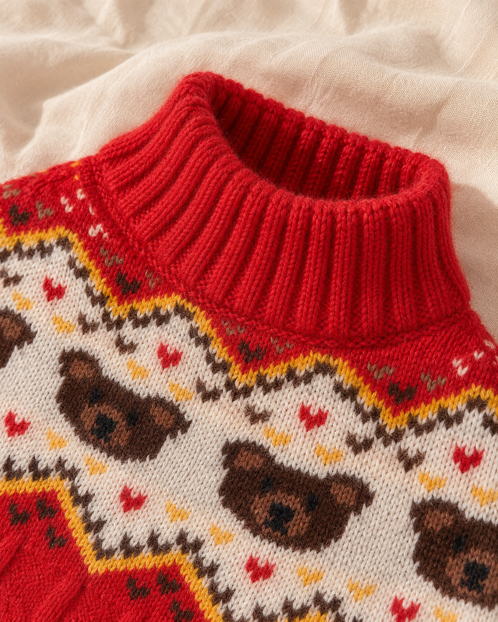 Close-up of a knitted sweater with a bright red ribbed mock neck and a cream Fair Isle pattern featuring brown teddy bears, red hearts, and yellow accents.