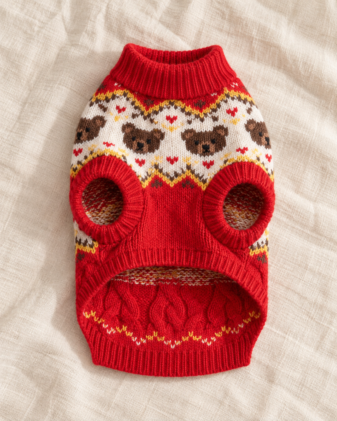 A red knit pet sweater with a white yoke featuring brown teddy bear faces, red hearts, and yellow accents, laid flat on a textured beige fabric background.