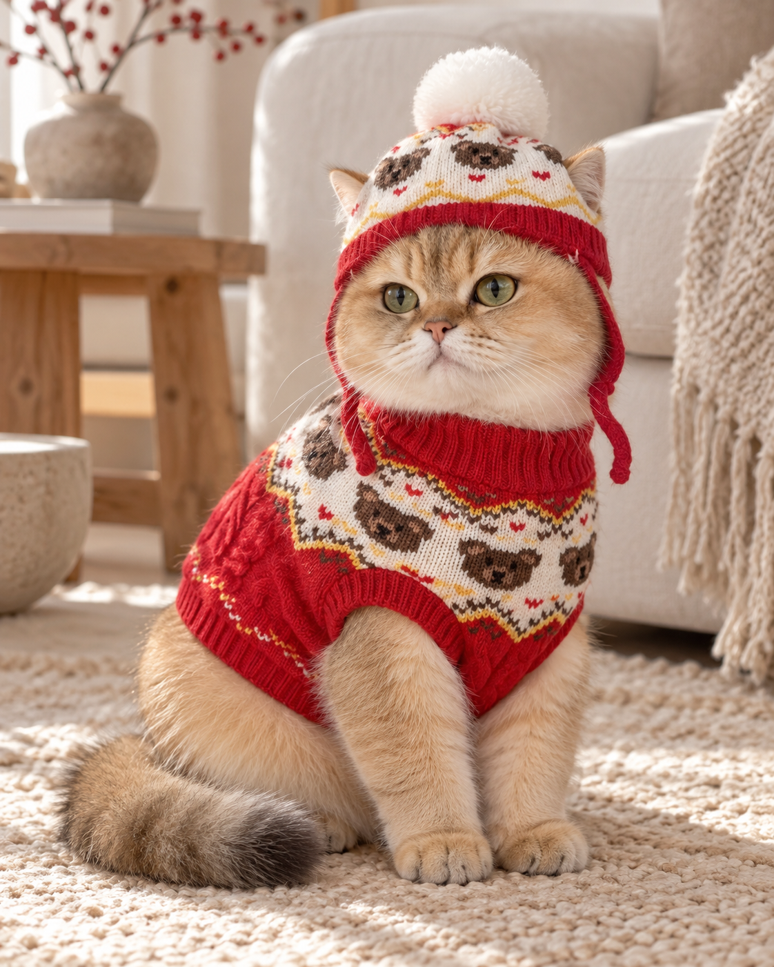 Cat wearing The Fair Isle Pom-Pom Set in red and cream with a matching pom-pom hat.