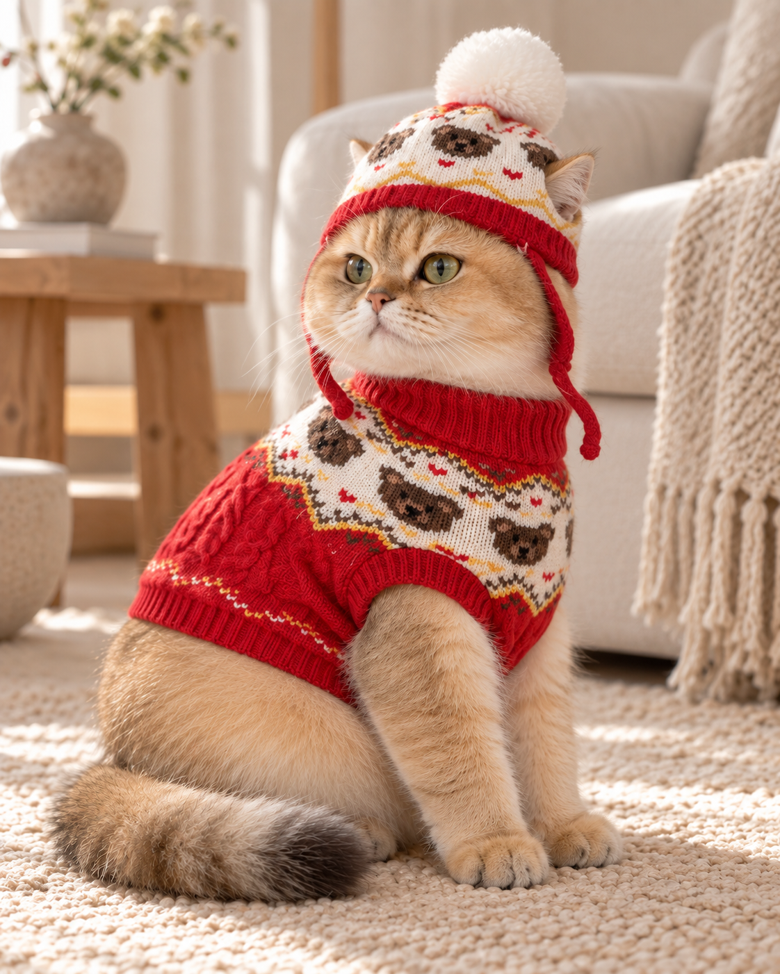 A fluffy cream-colored cat wearing a red and cream knit sweater with brown bear motifs and a matching knit hat with a pom-pom, sitting on a beige carpet in a cozy living room.