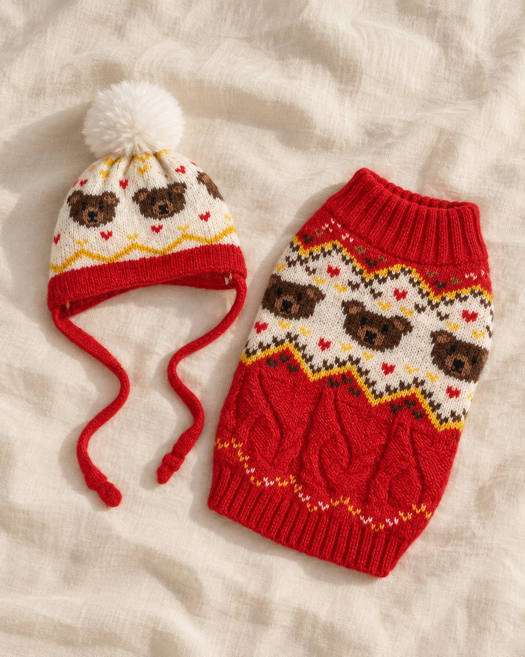 A matching knit pet outfit set featuring a red sweater and hat with white, brown, and red fair isle patterns, including bear faces and heart details, laid flat on a textured cream fabric background.