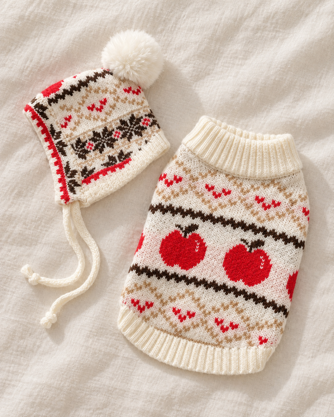 A knitted pet sweater and matching hat laid flat on a cream fabric background. The hat has a fluffy cream pom-pom and drawstrings, while the sweater features a cream base with red apple motifs, red heart patterns, and dark brown geometric bands.