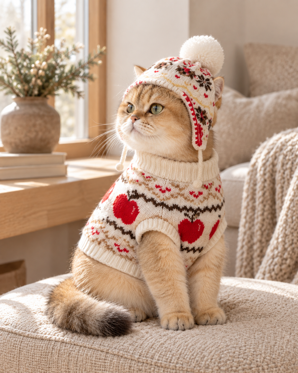 A golden cat wearing a knitted sweater and matching hat with a pom-pom, sitting on a textured beige cushion in a warm, softly lit room.