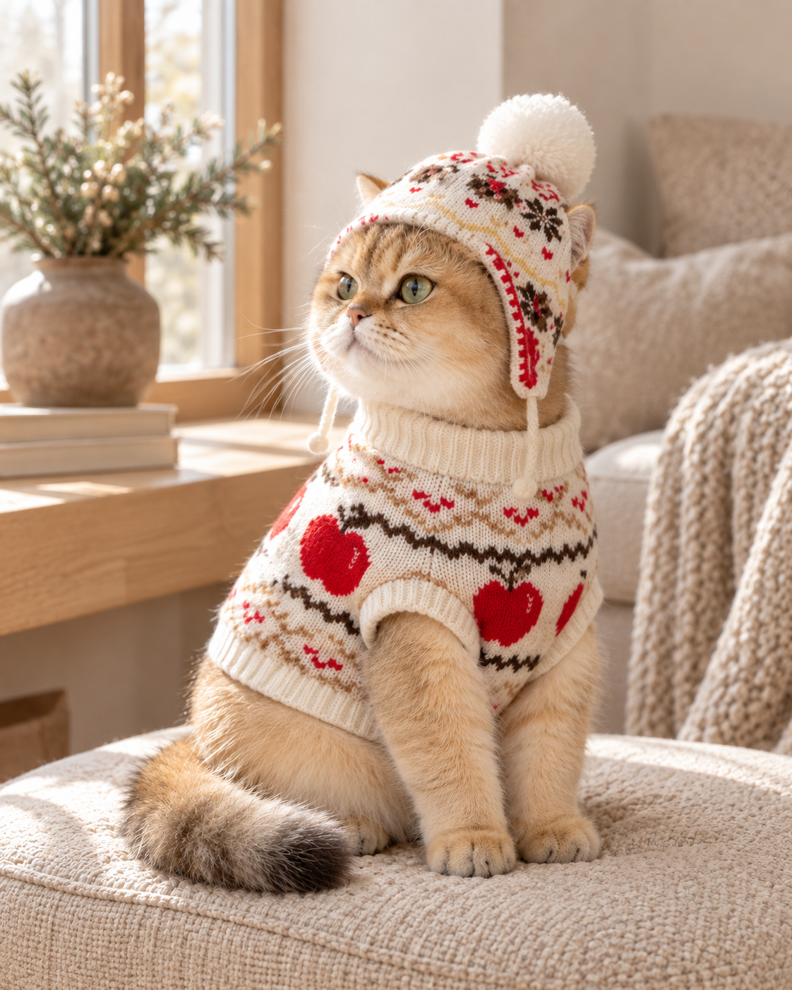 A golden cat wearing a knitted sweater and matching hat with a pom-pom, sitting on a textured beige cushion in a warm, softly lit room.