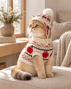 A golden cat wearing a knitted sweater and matching hat with a pom-pom, sitting on a textured beige cushion in a warm, softly lit room.