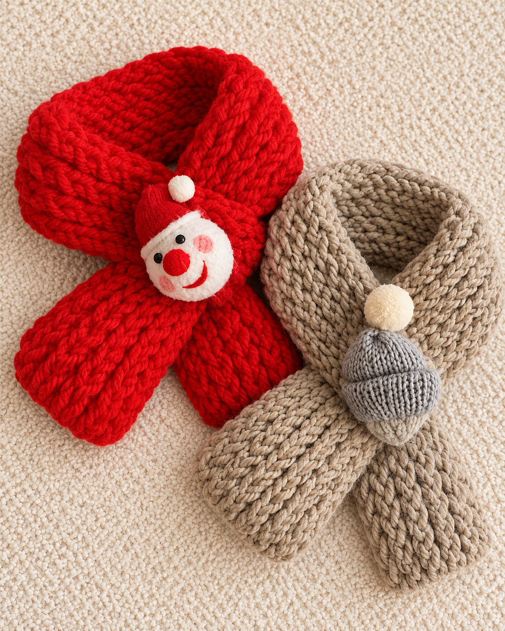 Two chunky knit winter scarves laid flat on a cream textured background. One scarf is bright red with a small snowman face decoration wearing a red hat.