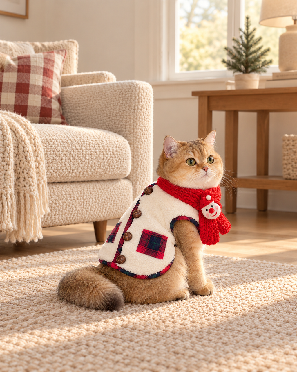 A golden cat wearing The Fireside Plaid Vest, a cream sherpa fleece vest with red plaid trim, paired with a red knit scarf in a warm living room.