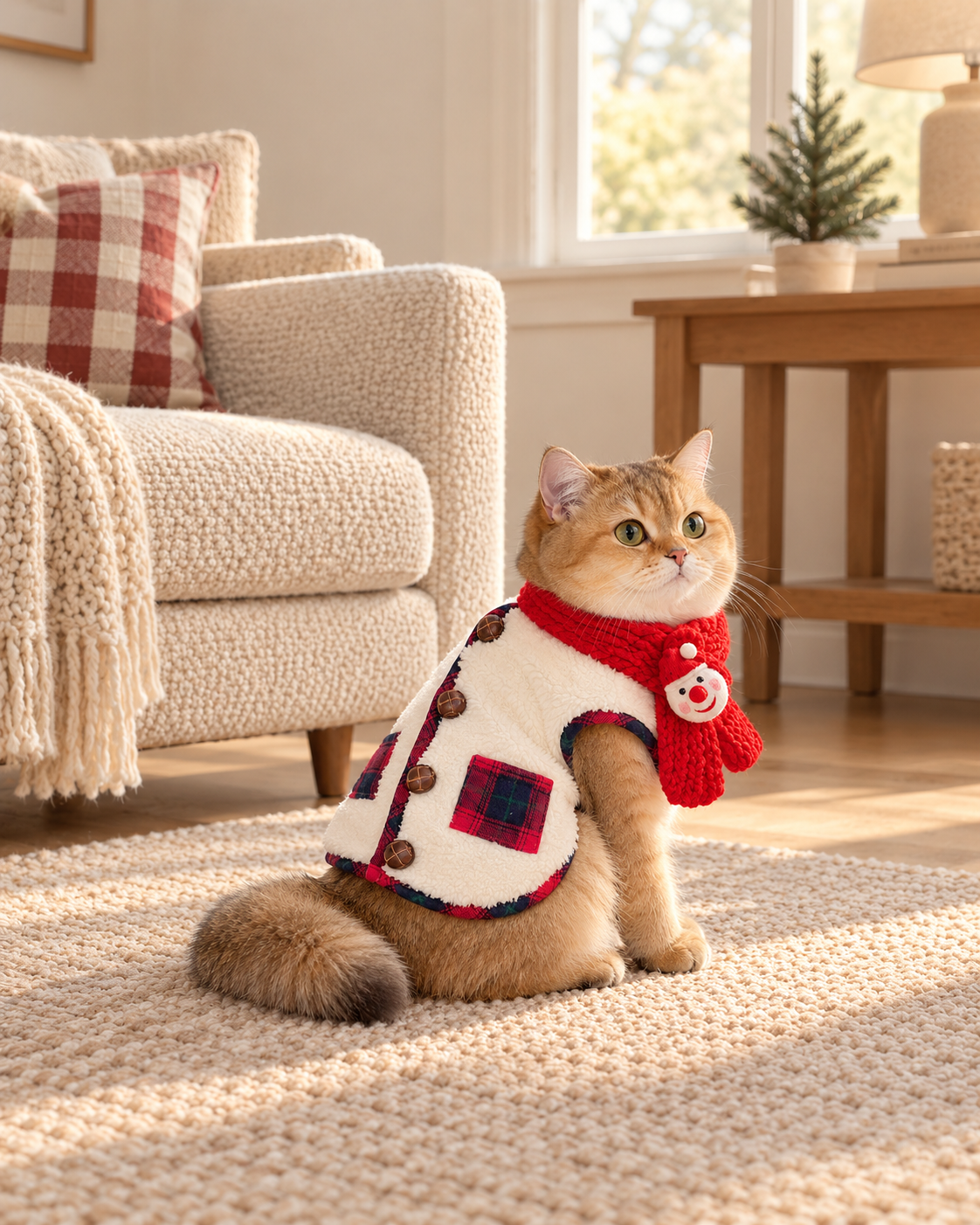 A golden cat wearing The Fireside Plaid Vest, a cream sherpa fleece vest with red plaid trim, paired with a red knit scarf in a warm living room.