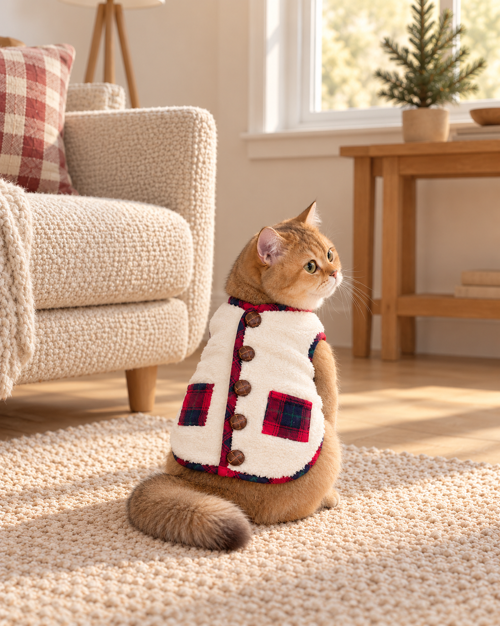A golden cat wearing a cream pet sweater vest with red and blue plaid pockets and brown buttons, sitting on a beige rug in a cozy living room.