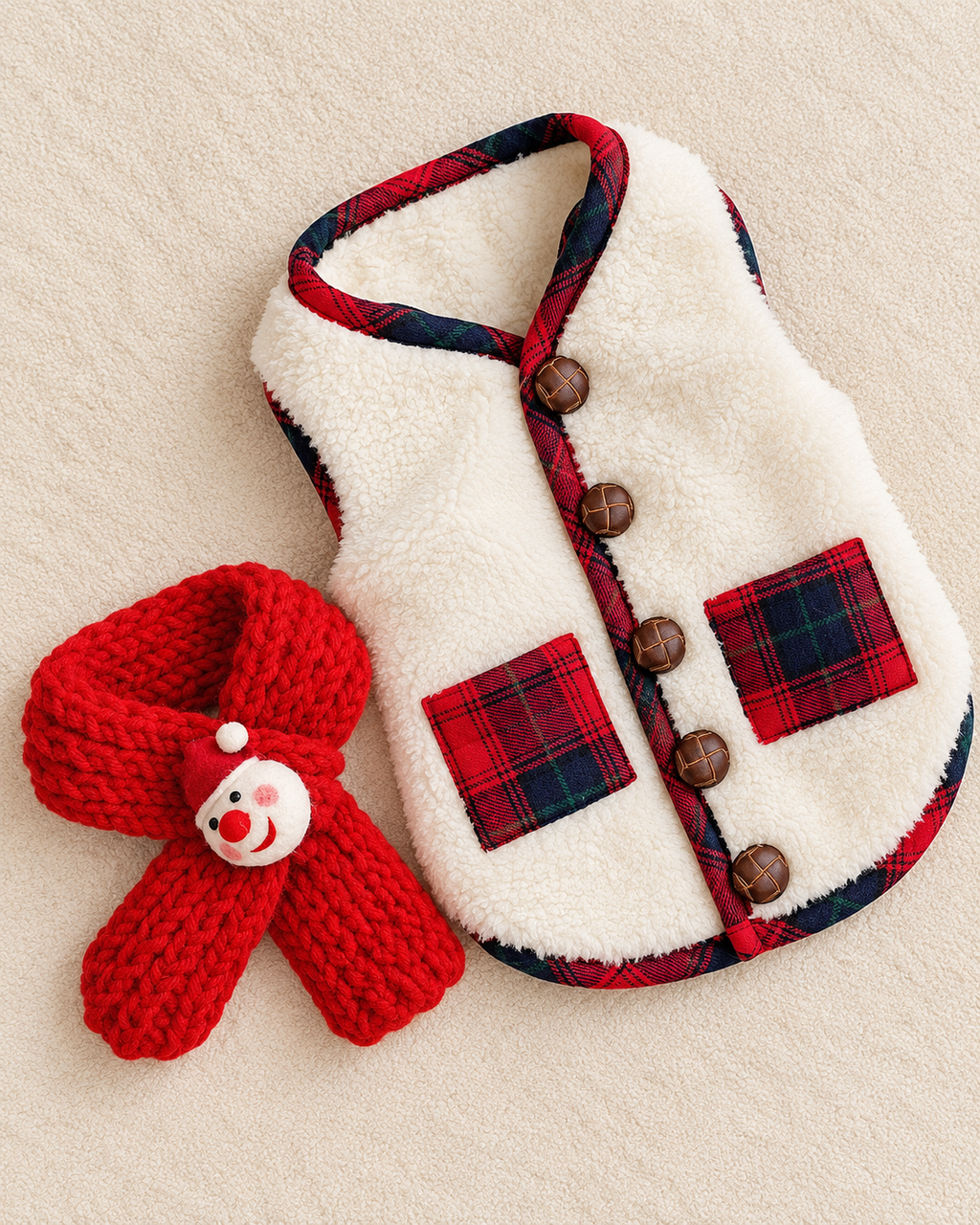 A pet winter outfit set featuring a cream sherpa vest with red and navy plaid trim, brown buttons, and red plaid front pockets, paired with a matching red knit scarf with a small snowman face detail, laid flat on a textured beige background.