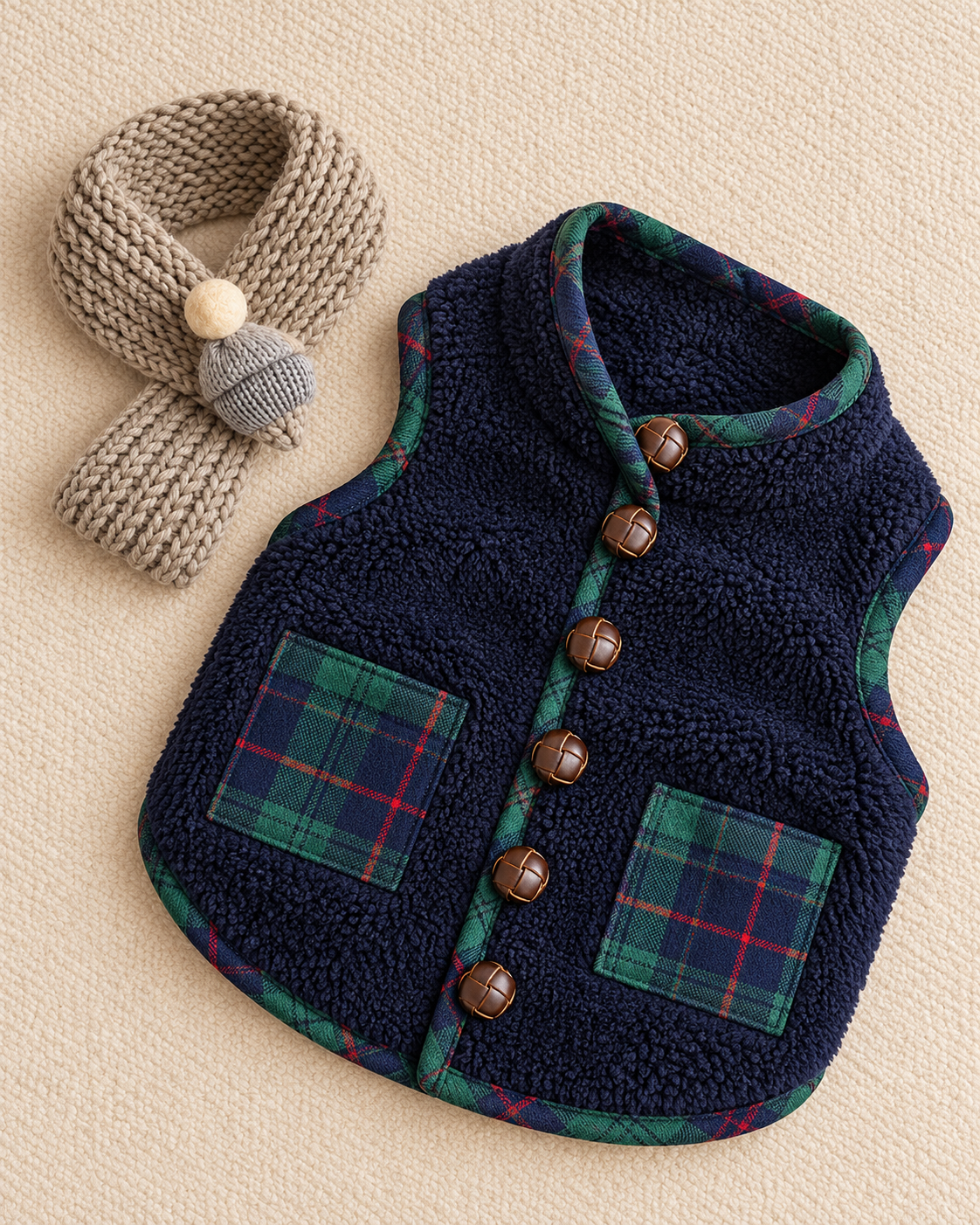 A navy fleece vest with green plaid trim and front pockets, styled flat-lay with a beige knit scarf on a cream textured background.