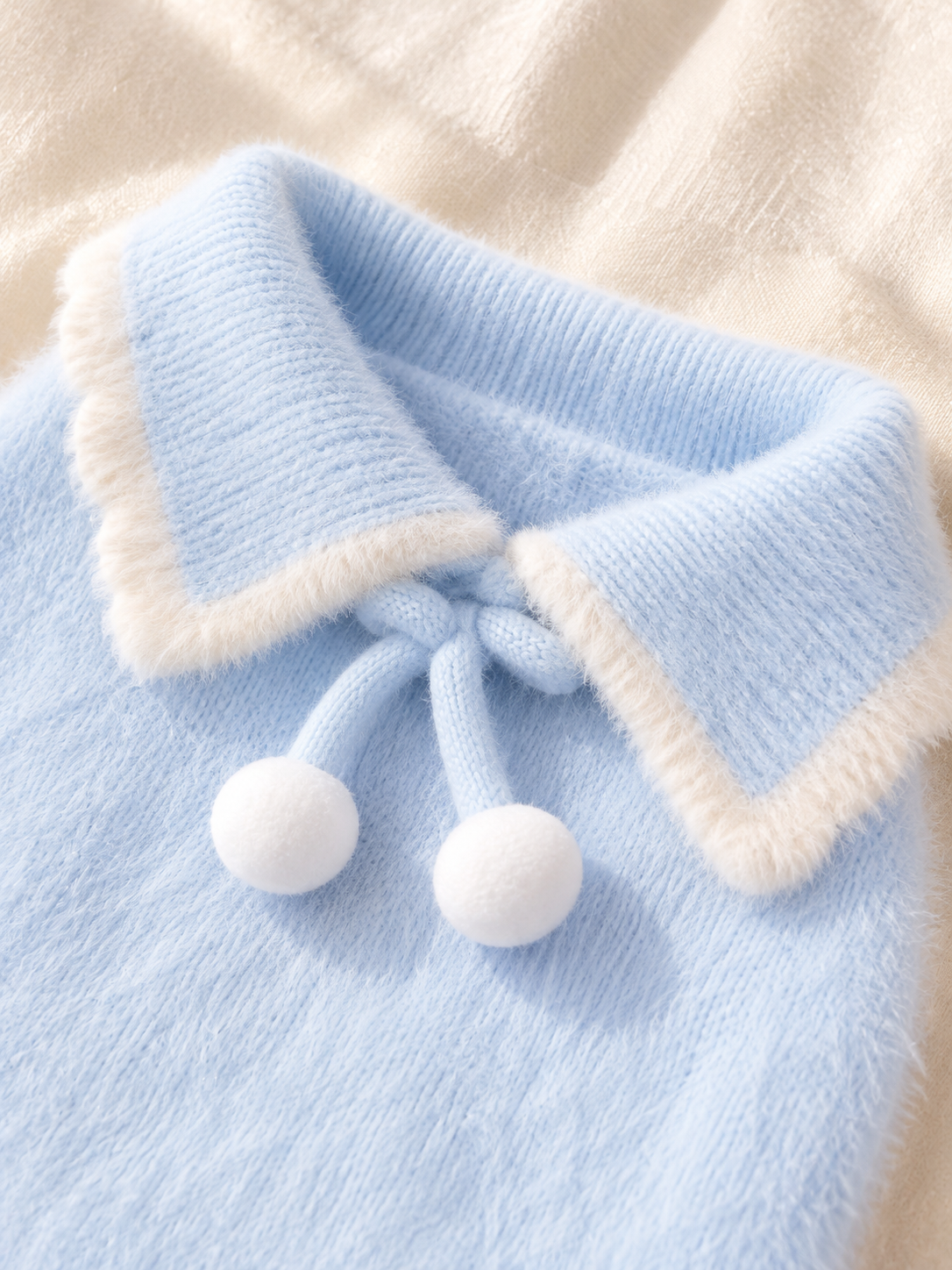 Close-up of a soft light blue knit garment with a wide cream collar and a matching tie detail with two white pom-poms, laid on a textured cream fabric background.