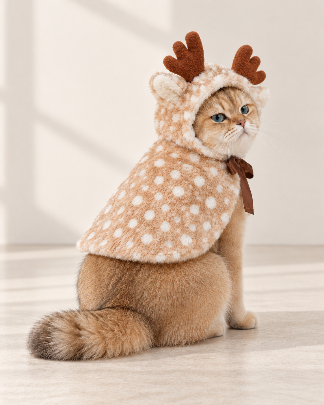 Close-up of The Reindeer Cape showing the fluffy hood trim, dimensional antlers and spotted finish.