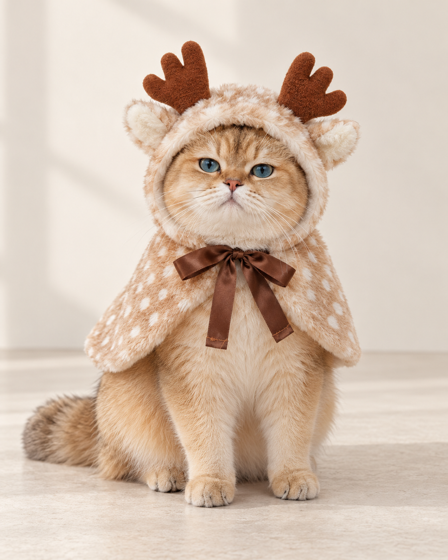The Reindeer Cape in a warm beige spotted finish with fluffy hood, antlers and cocoa-brown ribbon tie.