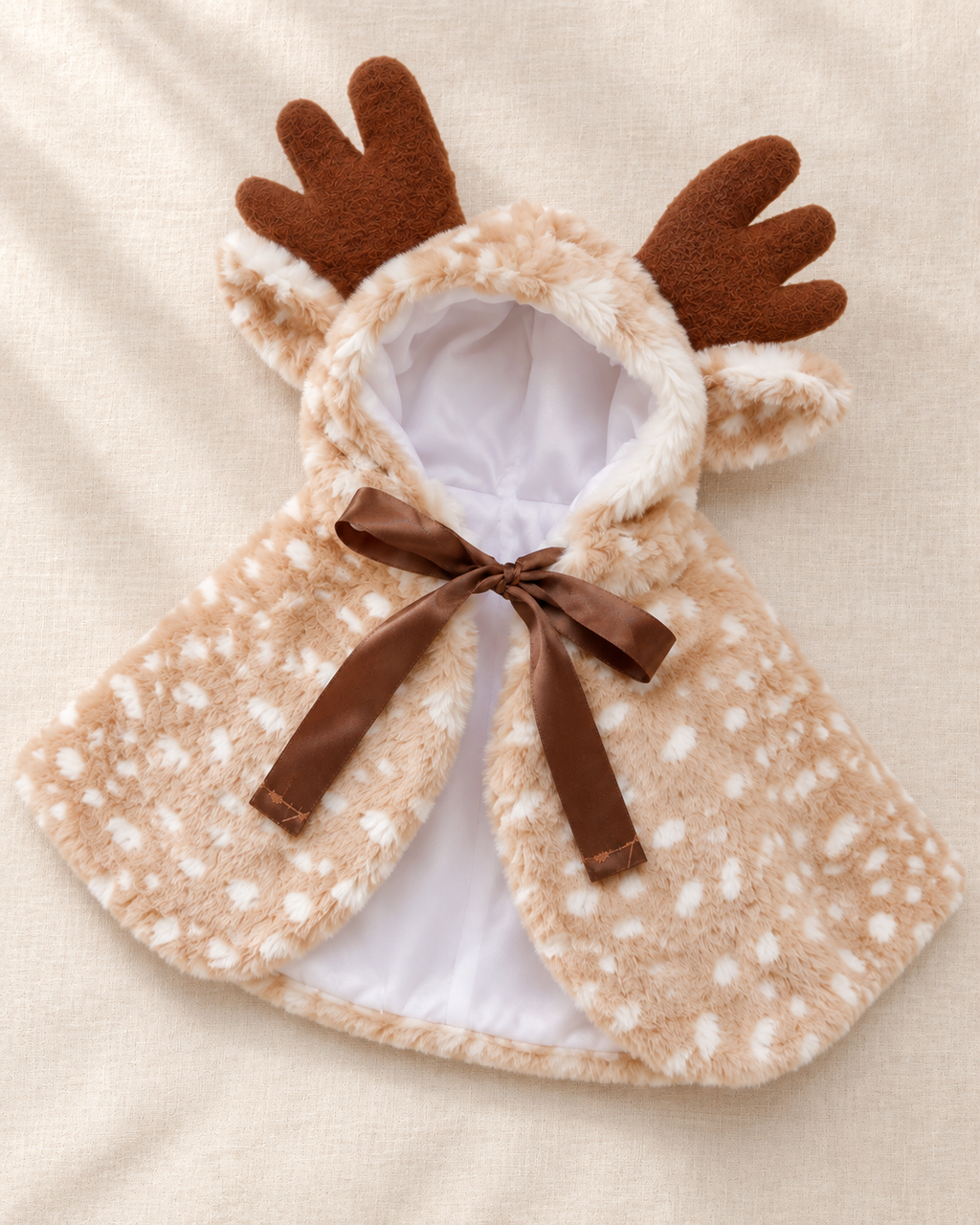Back view of The Reindeer Cape showing the spotted cape shape and hood.